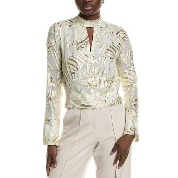 Parker Size XL The Piper Top Gold White Lurex Blend Keyhole Smocked Long Sleeves - Picture 1 of 12